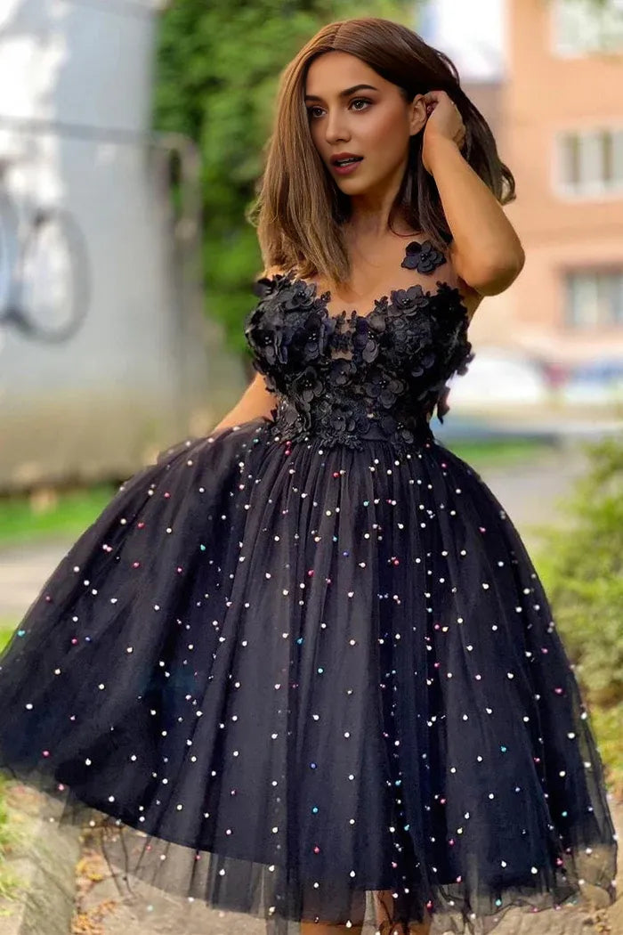 Weitese Dress A-Line Beaded Tulle Homecoming Dress Sleeveless Hand-made Flowers Party Dress